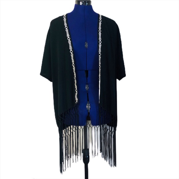 Black and White Embroidered Fringe Shawl Cardigan - Picture 2 of 13